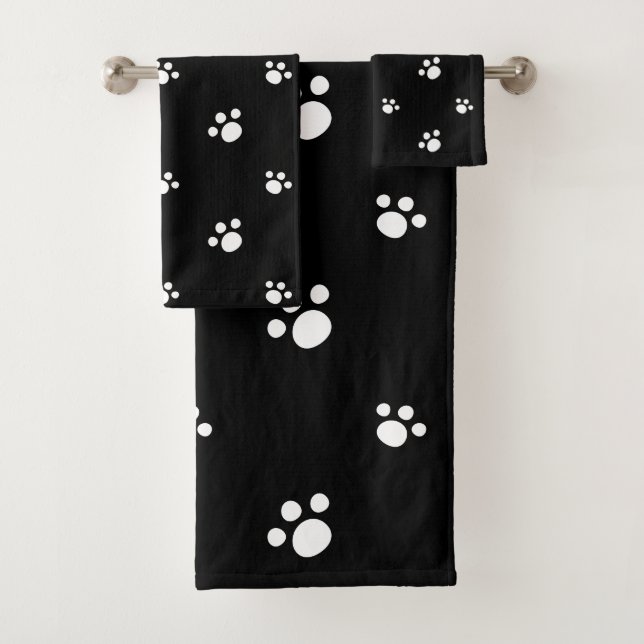 Black And White Cute Puppy Dog Paw Print Pattern Bath Towel Set (Insitu)