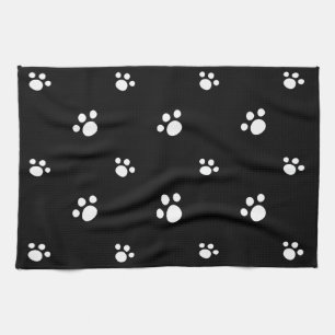 Black And White Cute Puppy Dog Paw Print Pattern Tea Towel