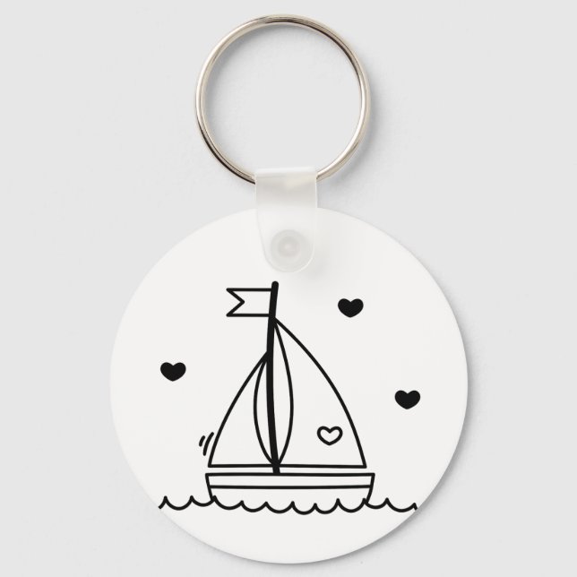 Black and White Cute Sailboat  Key Ring (Front)