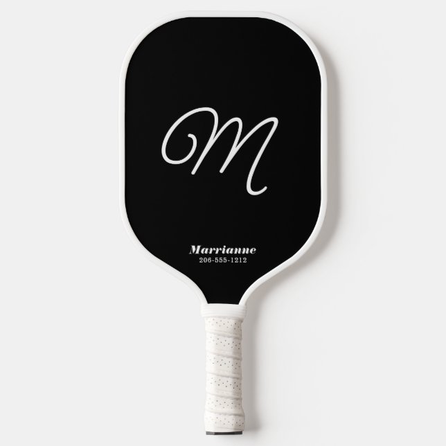 Black and White Cute Simple Script Initial Pickleball Paddle (Front)