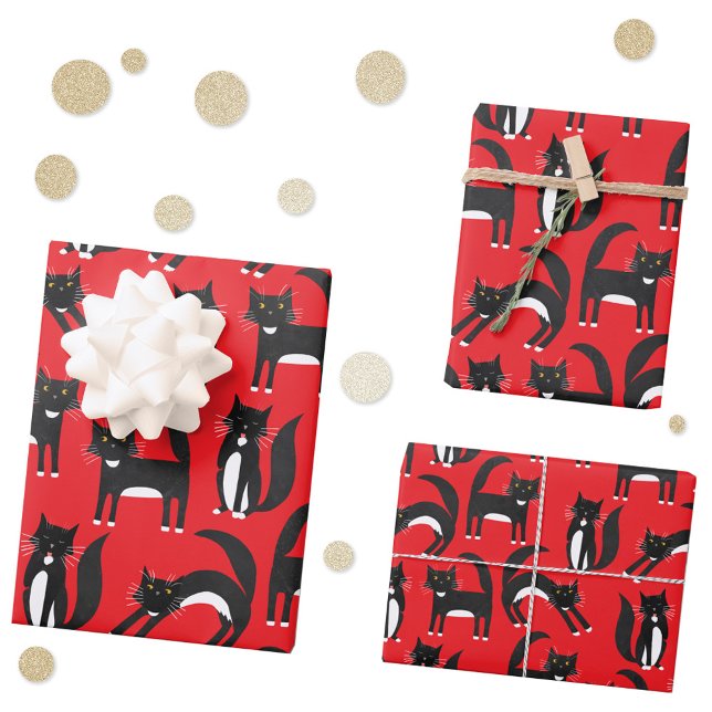 Black and White Cute Tuxedo Kitty Red Pattern Wrapping Paper Sheet (Black and white bicolor Tuxedo Cat pattern red gift wrapping paper sheets)