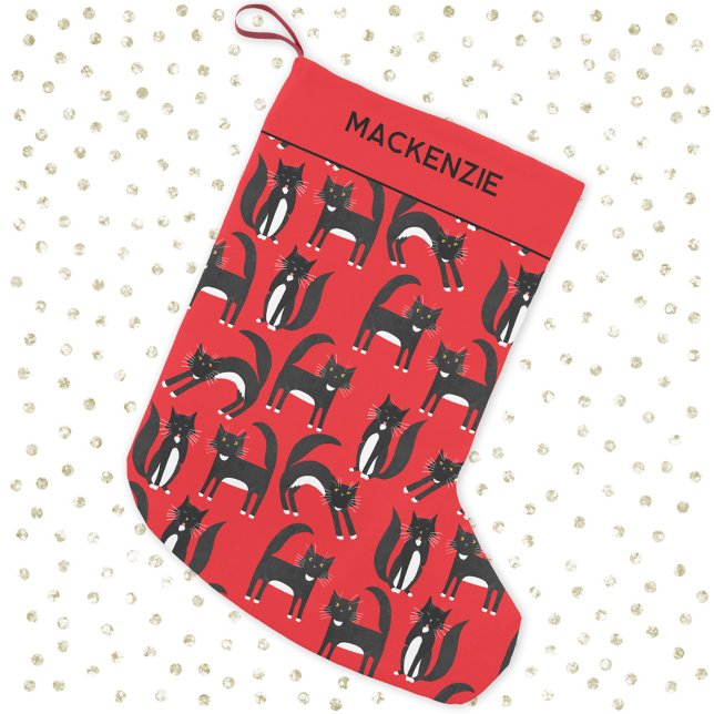 Black and White Cute Tuxedo Kitty Red Personalised Small Christmas Stocking (Black and white tuxedo cat pattern personalized custom name red Christmas stocking)