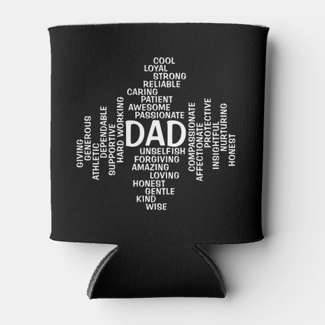Black and White Dad Typography Word Cloud Can Cooler (Front)