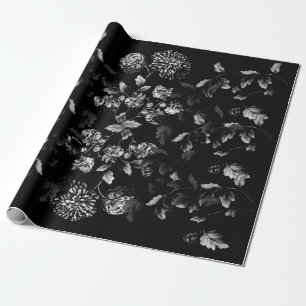 Black And White Dahlia Floral Vine On Black Wrapping Paper