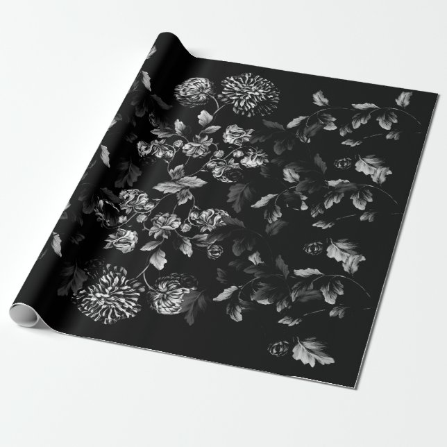 Black And White Dahlia Floral Vine On Black Wrapping Paper (Unrolled)
