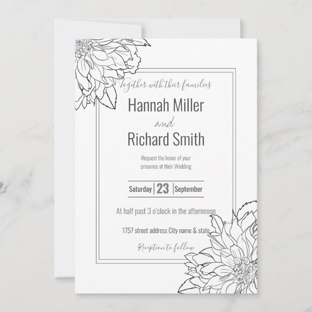 Black and White Dahlia Flower Invitation (Front)