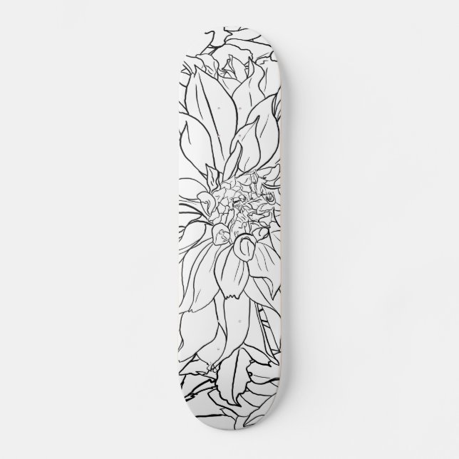 Black and White Dahlia Flower Skateboard (Front)