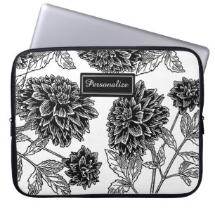 Black and White Dahlia Pattern Personalised Laptop Sleeve