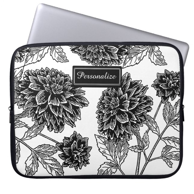 Black and White Dahlia Pattern Personalised Laptop Sleeve (Front)