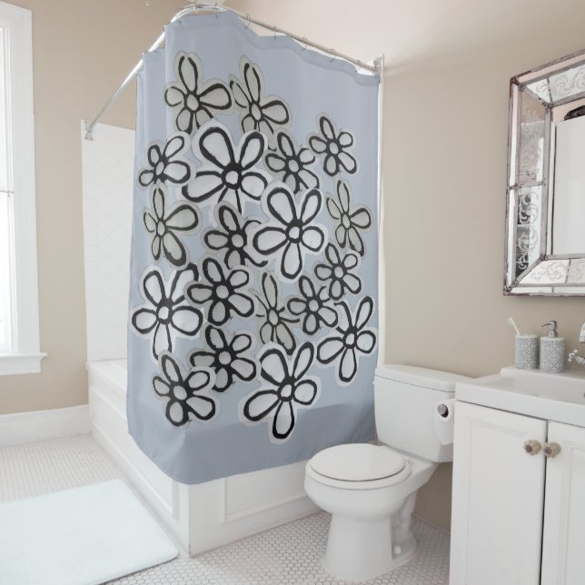 Black And White Daisies pattern Shower Curtain (In Situ)