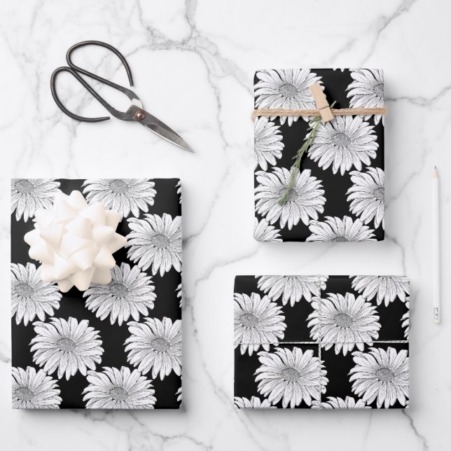 Black and White Daisies Wrapping Paper Sheet (Front)