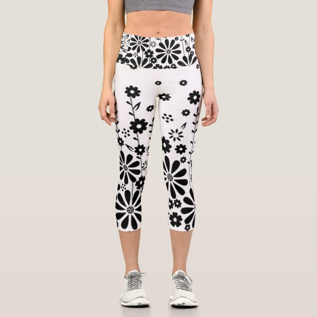 Black and White Daisy High Waisted Capri Leggings (Front)