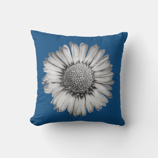 Black and White Daisy on Classic Blue Cushion (Front)