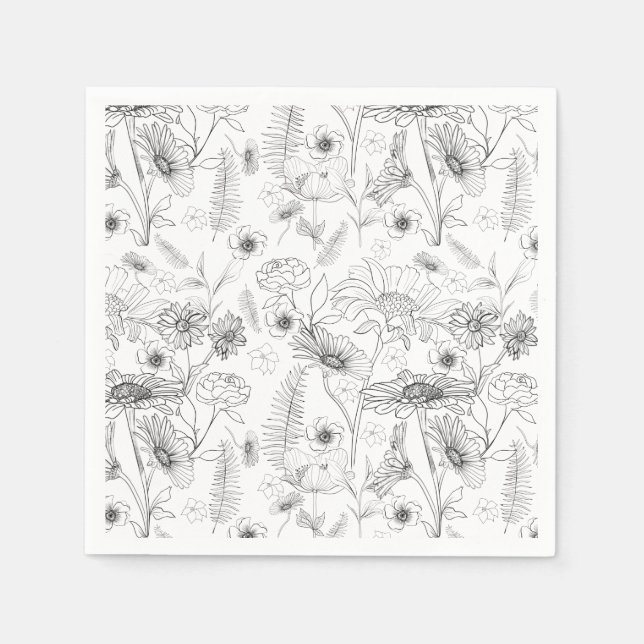 Black and white daisy rose flower foliage napkin (Front)