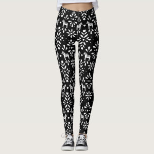 Black and White Dala Horse Folk Art Pattern Leggings