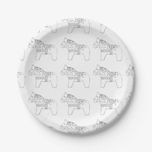 Black and White Dala Horse Paper Plate