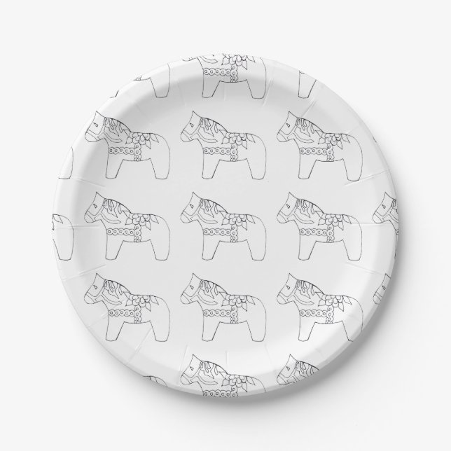 Black and White Dala Horse Paper Plate (Front)