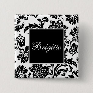 Black and white damask 15 cm square badge