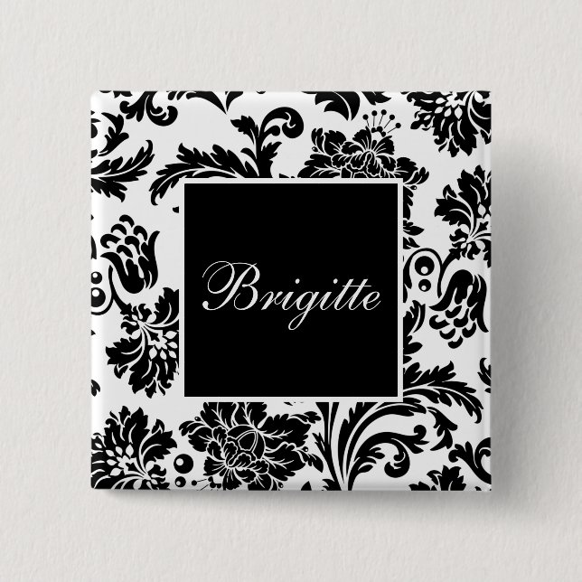 Black and white damask 15 cm square badge (Front)