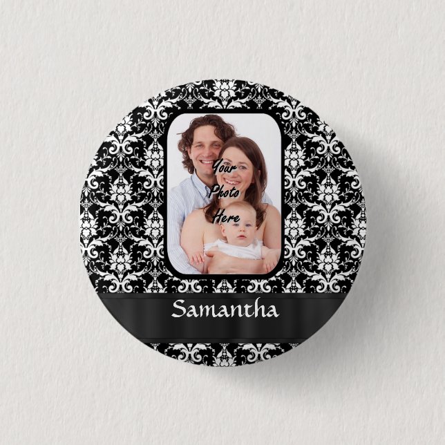 Black and white damask 3 cm round badge (Front)