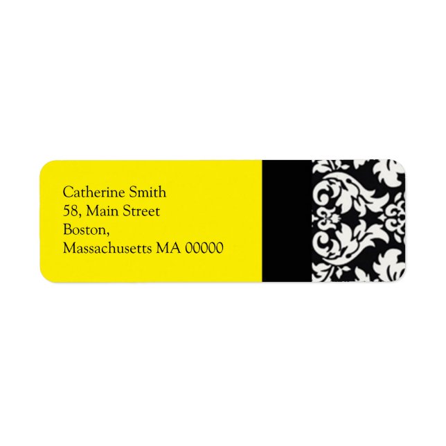 Black and White Damask Address Labels with Yellow (Front)