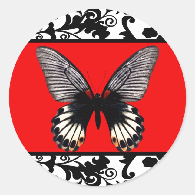 Black and White Damask and Butterfly Sticker (Front)