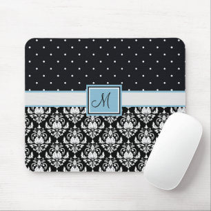 Black and White Damask and Polka Dots Monogrammed Mouse Mat