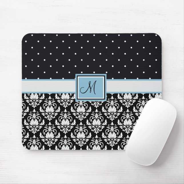 Black and White Damask and Polka Dots Monogrammed Mouse Mat (With Mouse)