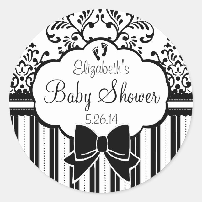 Black and White Damask and Stripes Baby Shower Classic Round Sticker (Front)