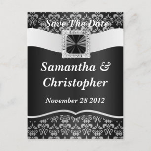 Black and white damask announcement postcard