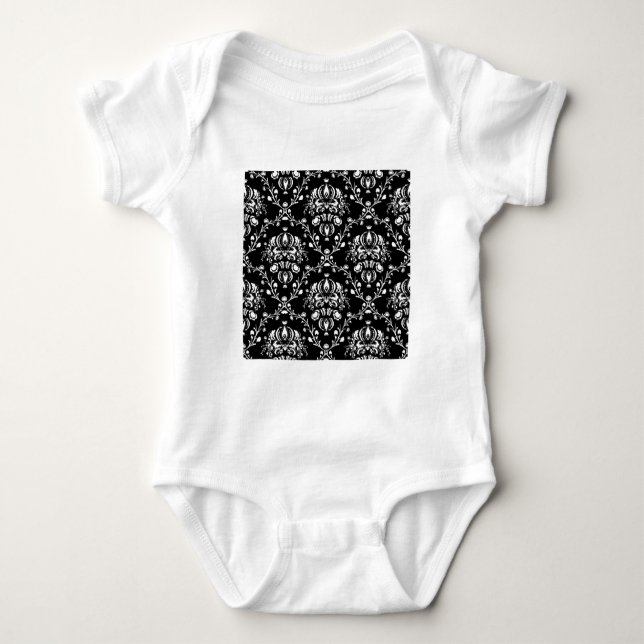 Black and White Damask Baby Bodysuit (Front)