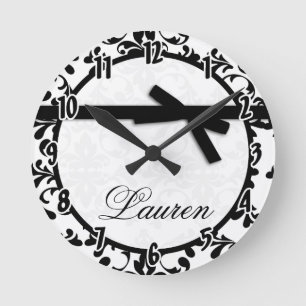 Black and White Damask Black Ribbon Bow Clock