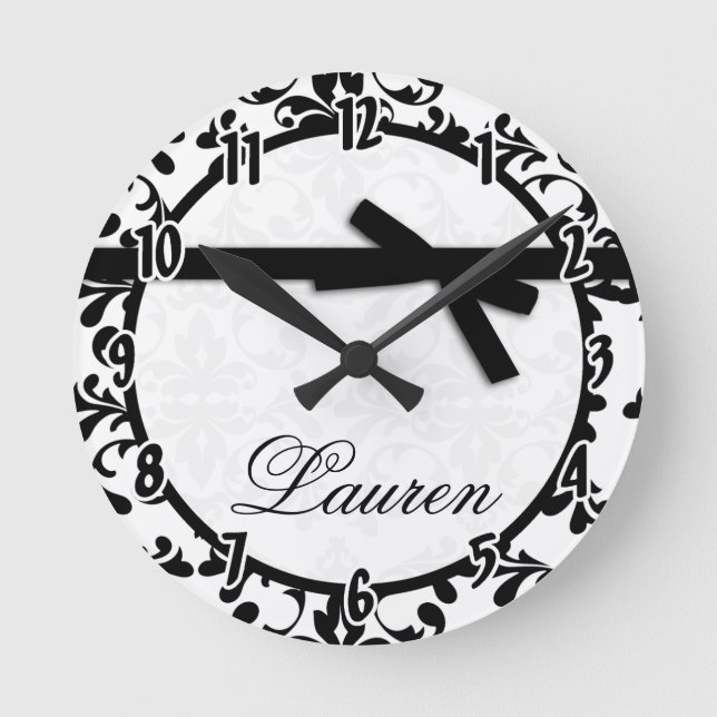 Black and White Damask Black Ribbon Bow Clock (Front)