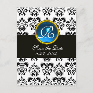 BLACK AND WHITE DAMASK BLUE SAPPHIRE MONOGRAM ANNOUNCEMENT POSTCARD