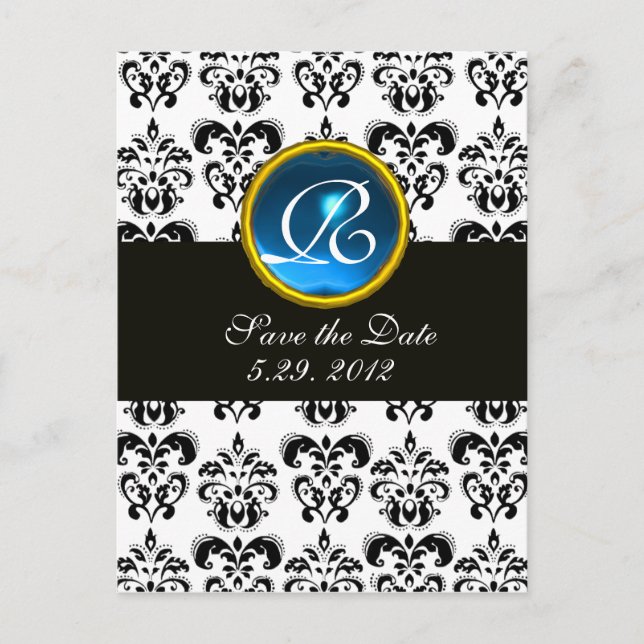 BLACK AND WHITE DAMASK BLUE SAPPHIRE MONOGRAM ANNOUNCEMENT POSTCARD (Front)