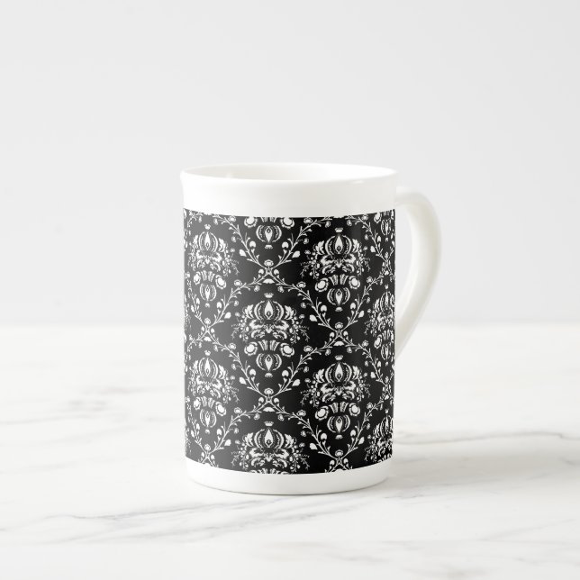 Black and White Damask Bone China Mug (Front Right)