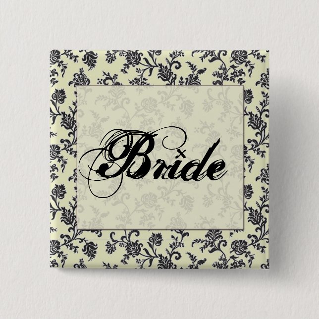 Black and white damask bride button (Front)