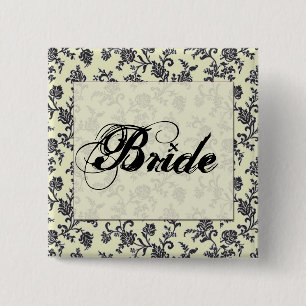 Black and white damask bride button