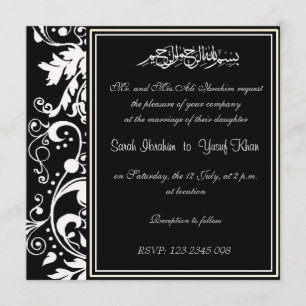 Black and White Damask Brocade Muslim wedding Invitation