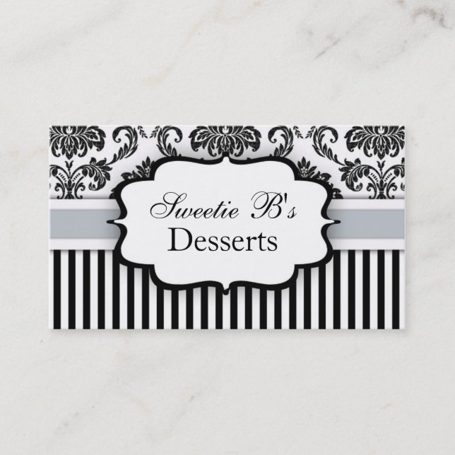 Black and White Damask Business Card with Ice Blue (Front)