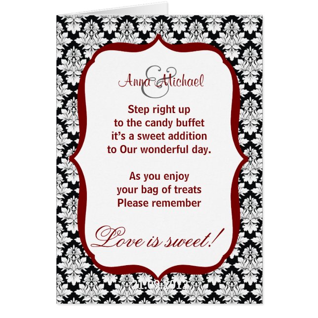 Black and White damask Candy Buffet Poem Card (Front)