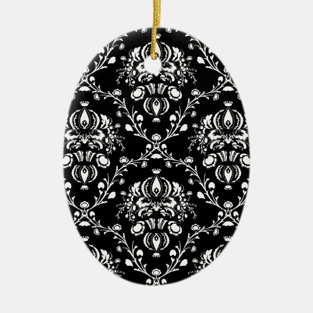 Black and White Damask Ceramic Tree Decoration (Front)