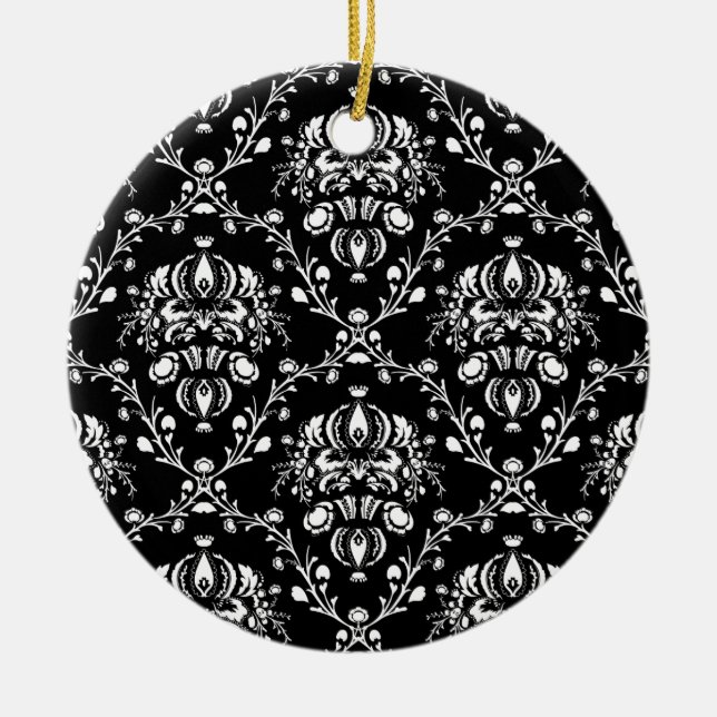 Black and White Damask Ceramic Tree Decoration (Front)