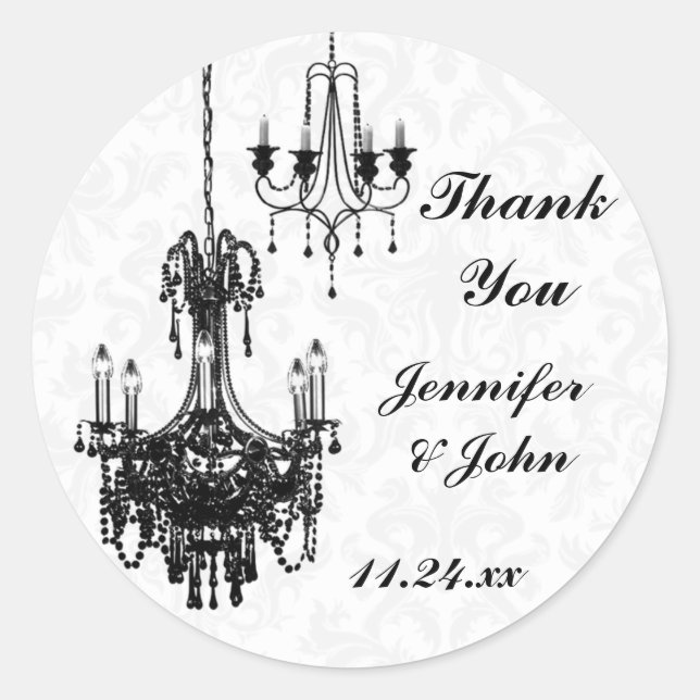Black and White Damask Chandeliers Wedding Favour Classic Round Sticker (Front)
