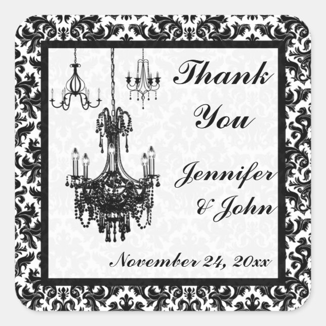 Black and White Damask Chandeliers Wedding Favour Square Sticker (Front)