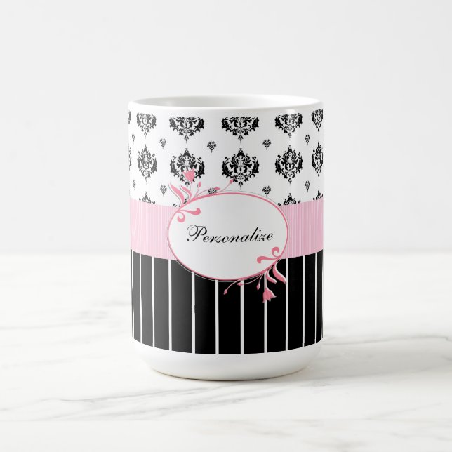 Black And White Damask Chic Pink Floral With Name Coffee Mug (Center)