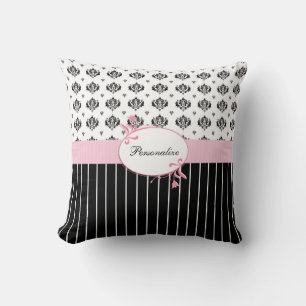 Black And White Damask Chic Pink Floral With Name Cushion