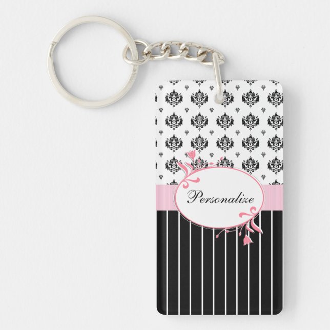 Black And White Damask Chic Pink Floral With Name Key Ring (Front)