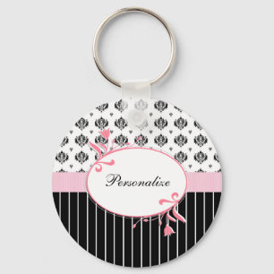 Black And White Damask Chic Pink Floral With Name Key Ring