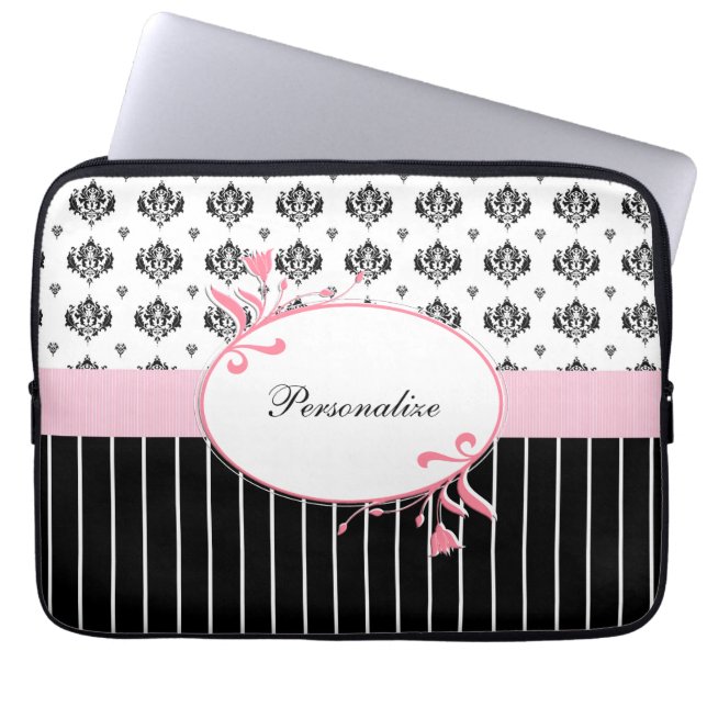 Black And White Damask Chic Pink Floral With Name Laptop Sleeve (Front)